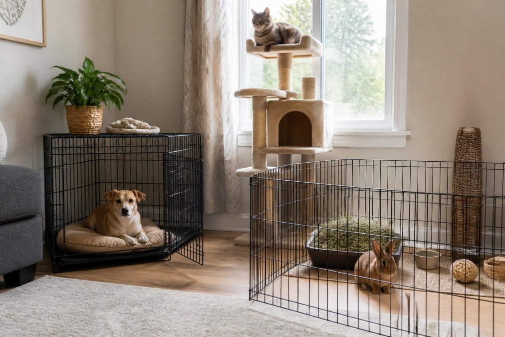 A home interior showing a dog resting in an open crate in a living room corner, a cat perched on a tall cat tree by a window, and a rabbit in a gated pen with hay, demonstrating separate safe spaces for different pets in the same room