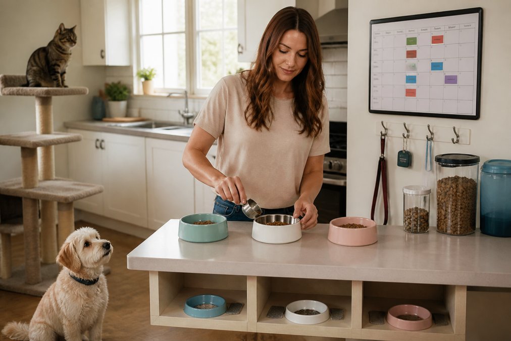 A pet owner in a bright kitchen preparing three separate meal bowls at a counter, with labeled feeding stations visible, a wall calendar showing feeding times marked in different colors, and a small dog waiting in one corner while a cat watches from a cat tree