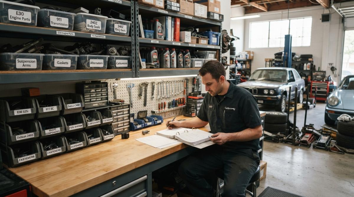 Well-organized automotive garage workbench with labeled plastic storage bins on shelves, a mechanic reviewing documentation on a tablet, various hand tools hanging on pegboard, natural lighting from windows