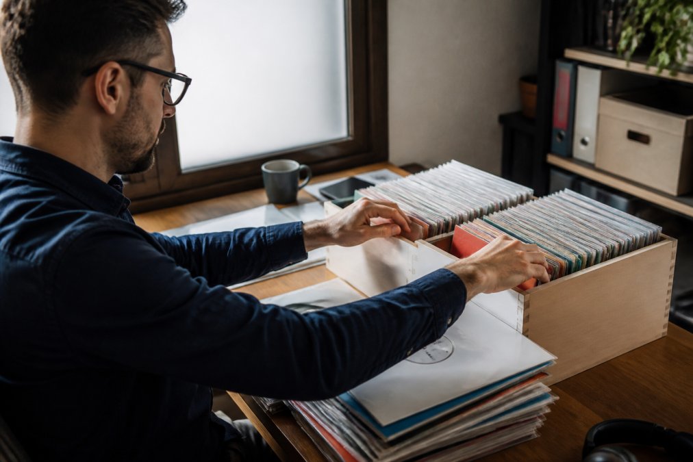 Label manager organizing physical music releases into separate catalog collections