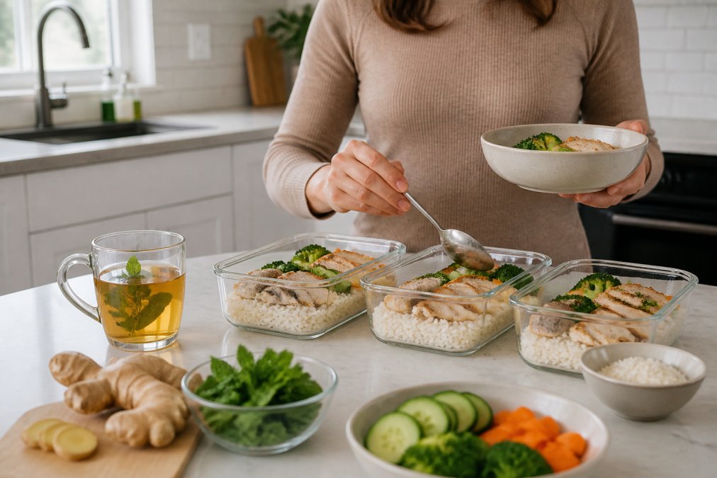Person preparing small, bland meal portions in a bright kitchen with fresh ginger root, peppermint tea, and light foods like chicken breast, rice, and steamed vegetables visible on the counter
