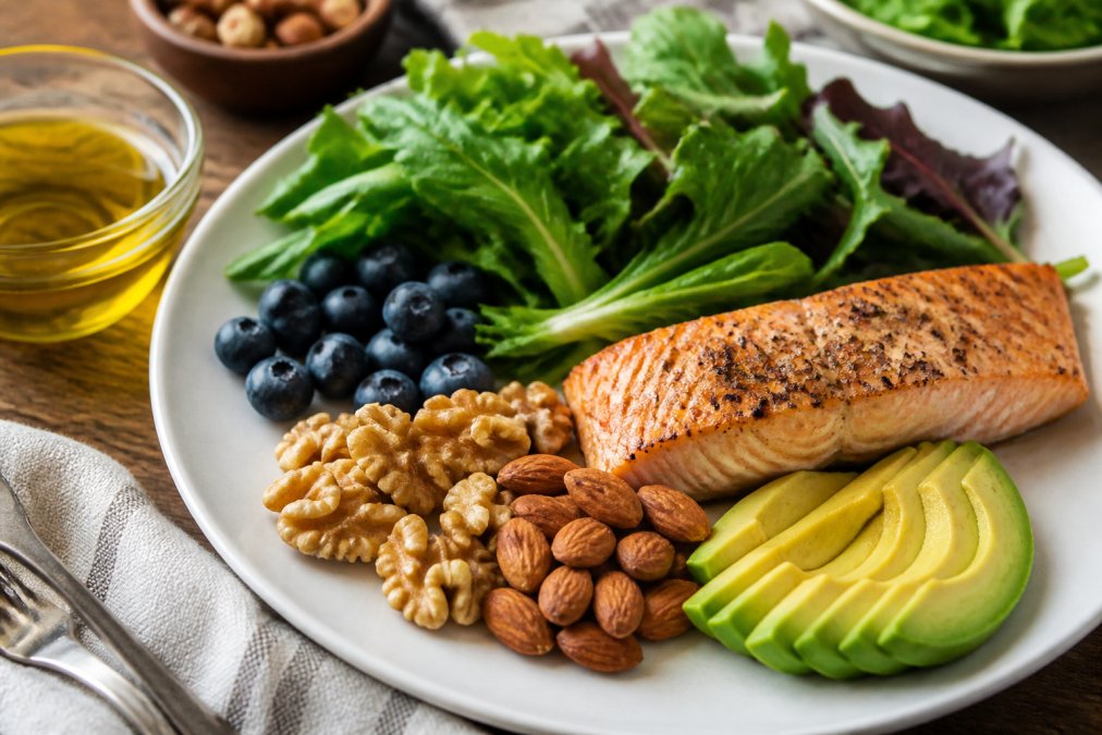 Close-up of a colorful plate with anti-inflammatory foods including leafy greens, fatty fish, berries, nuts, and olive oil arranged naturally