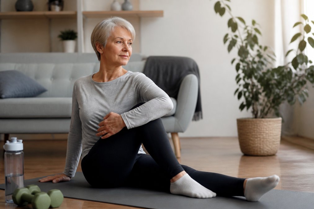 Person performing gentle stretching exercises on a yoga mat in a calm, well-lit home environment, demonstrating proper form and relaxed posture
