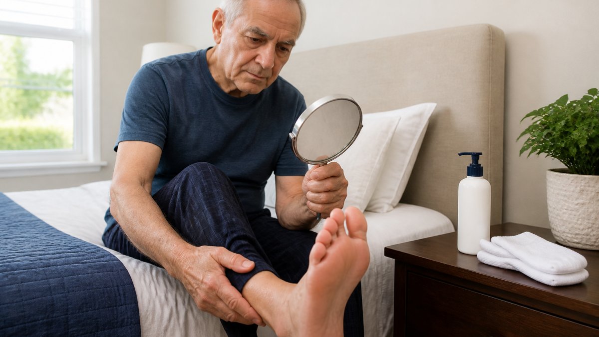 An older adult sitting on the edge of a bed in a bright bedroom, carefully examining the bottom of one foot with a small hand mirror, with lotion and clean socks on the nightstand nearby