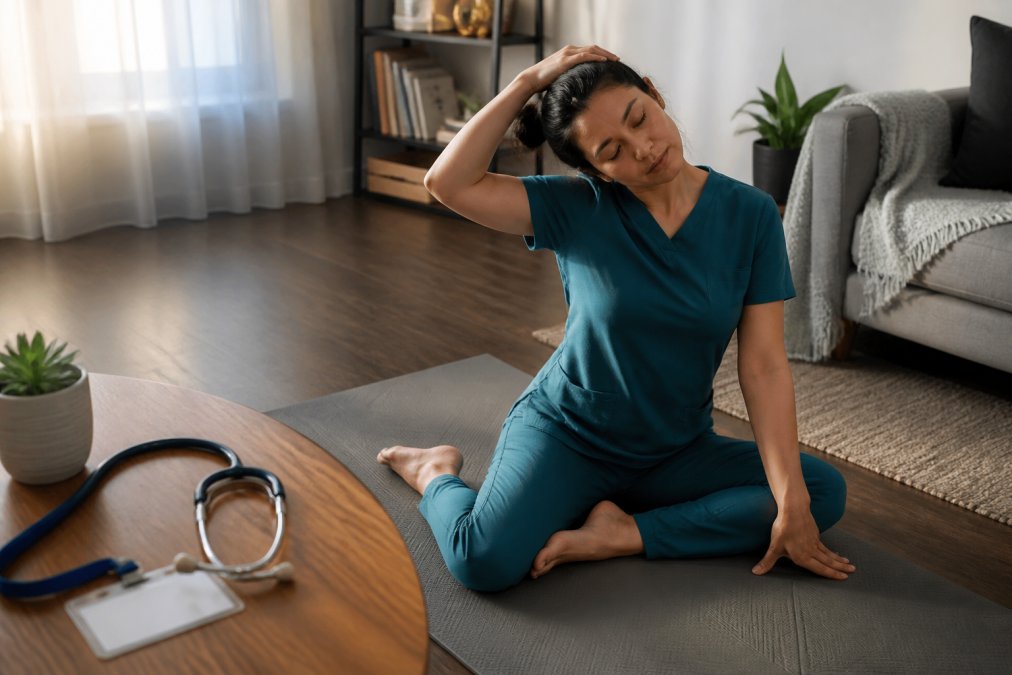 Infographic showing a therapeutic yoga routine to help nurses recover from nurse burnout after their shifts.