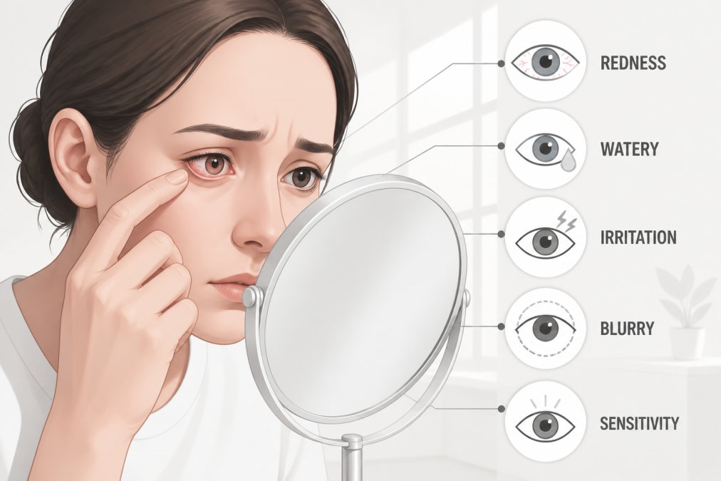Close-up of a person's eye showing redness and irritation, with the person looking concerned while examining their eye in a mirror with natural window lighting