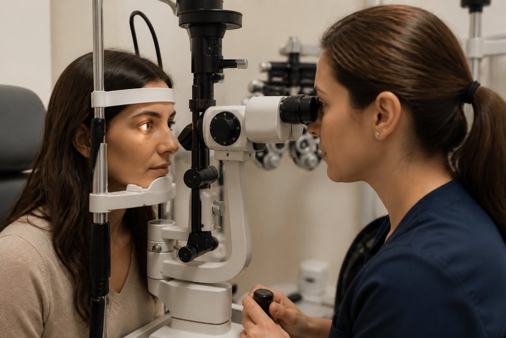 Optometrist performing a detailed eye exam on a patient using advanced optometric equipment including a slit lamp and tonometer in a modern clinical setting with soft professional lighting
