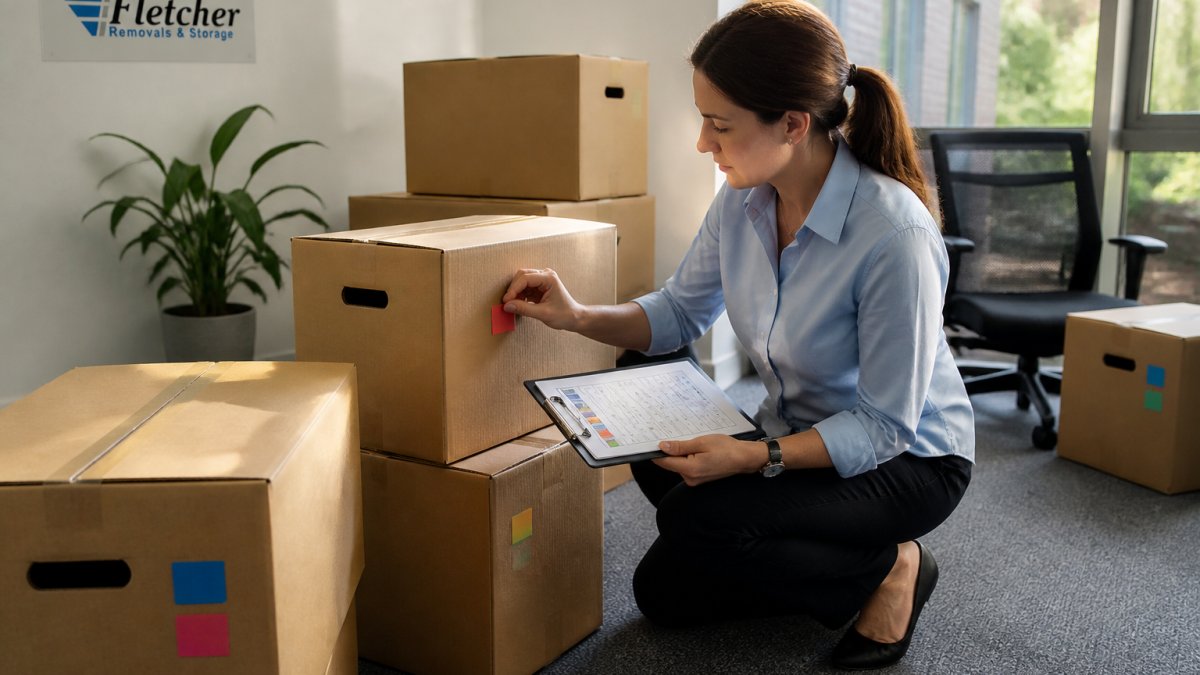 An office manager kneeling beside a stack of cardboard moving boxes, applying a colour-coded label to the side of one box while holding a clipboard with a printed inventory list, bright natural light from a nearby window