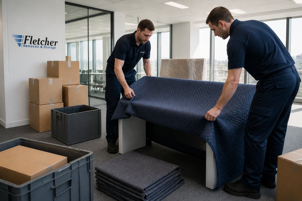 A removals team in uniform carefully wrapping a large office desk with protective blankets inside a bright commercial office space, stacked cardboard boxes and labelled crates nearby