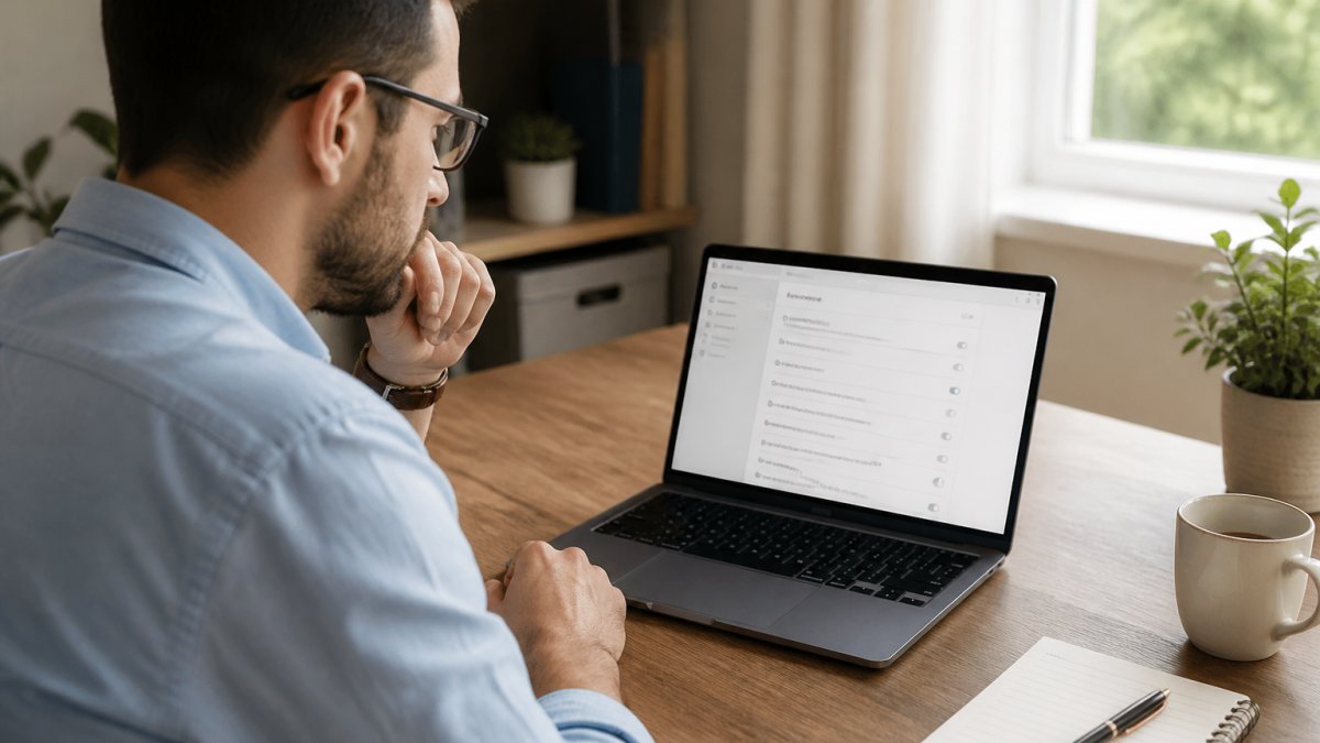 Person at desk reviewing account settings on laptop screen with notepad and pen nearby, focused and attentive