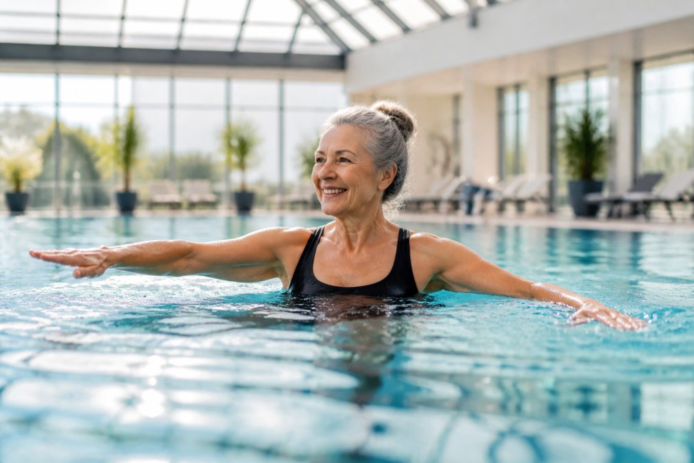 Older adult performing gentle movements in a swimming pool with clear water and bright natural lighting from overhead windows, showing relaxed posture and gentle arm movements
