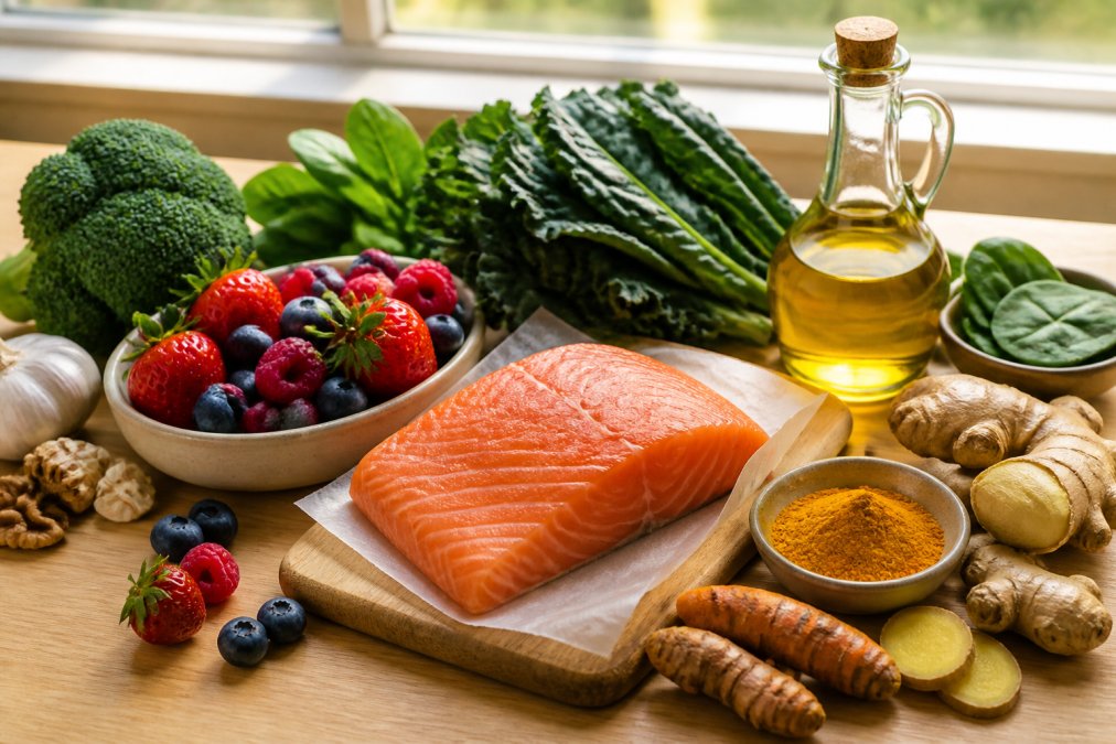 Vibrant spread of fresh anti-inflammatory foods on a light wooden kitchen counter including wild-caught salmon fillet, mixed berries in a bowl, dark leafy greens, olive oil bottle, fresh ginger root, and turmeric powder in a small dish with natural window lighting