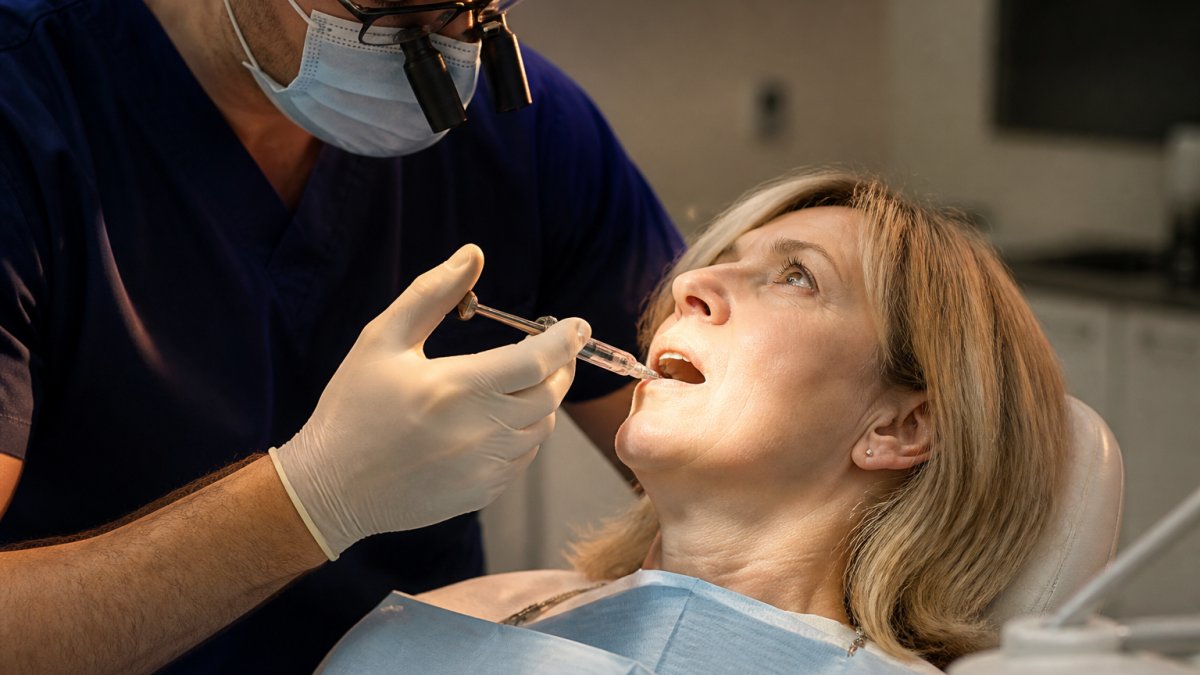 Dentist administering local anesthetic to manage dental implant surgery pain for a calm patient in a clinic