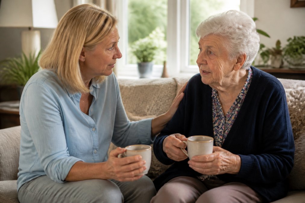 Adult child and elderly parent sitting together in a comfortable living room, having a calm, caring conversation over tea, with warm natural lighting from a nearby window