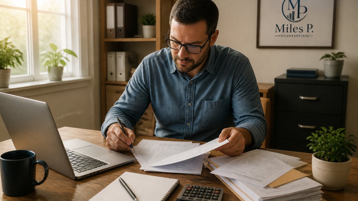 A small business owner at a wooden desk reviewing payroll paperwork beside an open laptop showing a checklist, with a calculator, pen, and coffee mug nearby in warm morning light