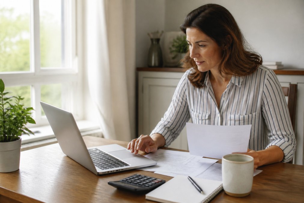 A small business owner at a tidy desk reviewing payroll paperwork beside a laptop, calculator and coffee mug in a bright home office