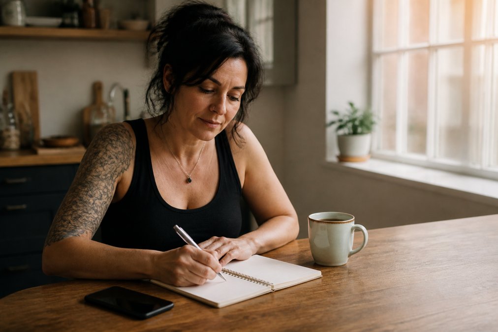 A woman in her forties sitting at a kitchen table with a notebook, pen and a mug of tea, writing a short to-do list while her phone sits face-down beside her, soft morning light through the window