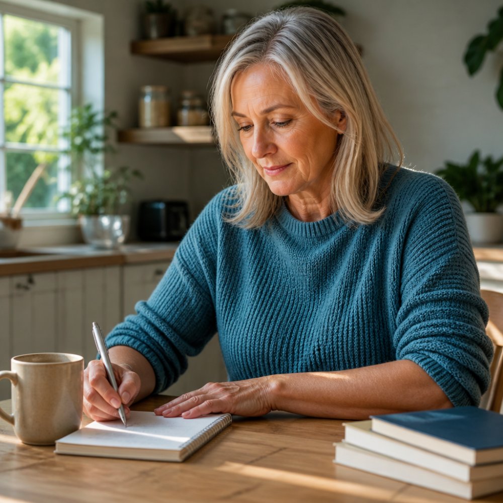 A woman in her fifties sitting at a bright kitchen table with a notebook, pen and cup of tea, writing a to-do list with a calm, focused expression