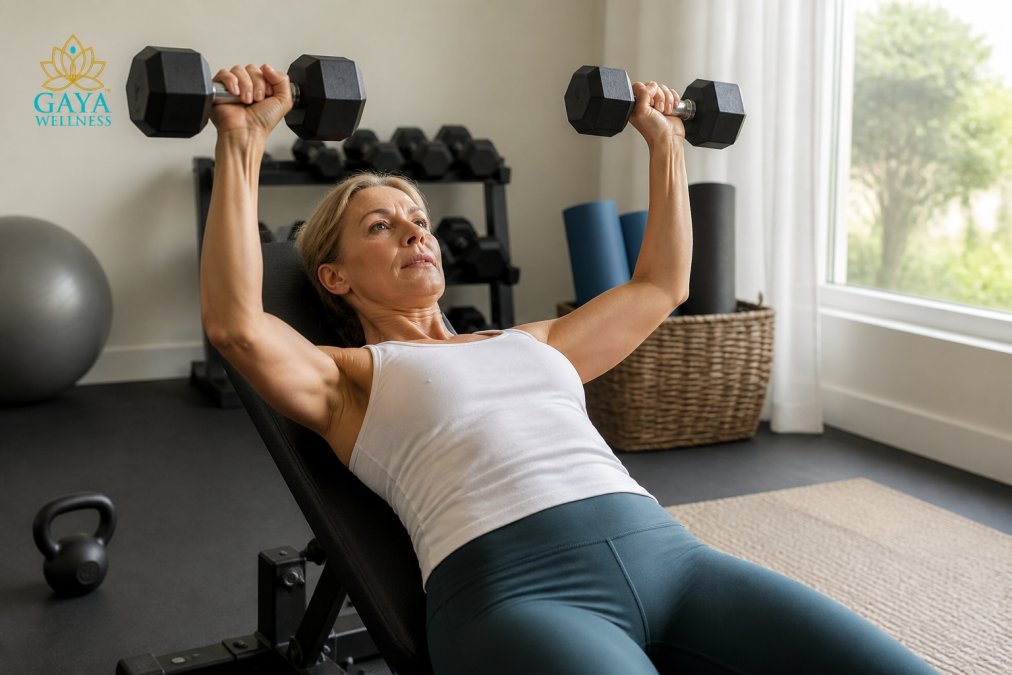 Woman in her 50s performing a dumbbell chest press exercise in a bright home gym, showing proper form with controlled posture and engaged core, natural window lighting illuminating the space