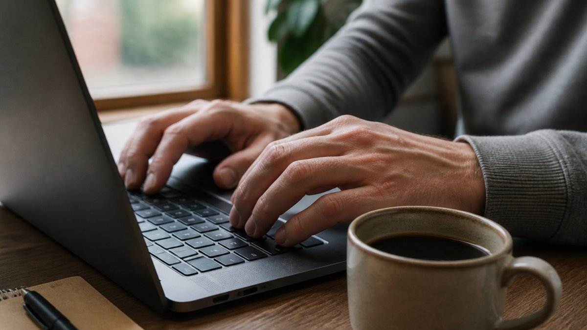 Close-up of hands typing a strong password on a laptop keyboard with a coffee cup and notebook nearby