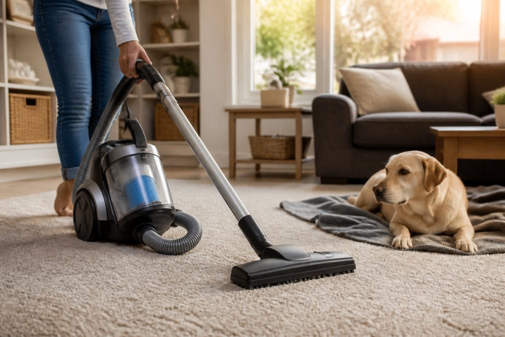 A person running a modern vacuum cleaner with a visible HEPA filter over a carpeted living room floor, while a calm dog rests on a nearby blanket in warm afternoon light