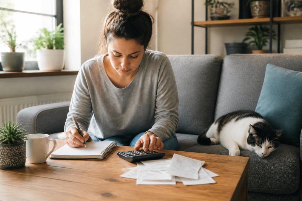 Pet owner sitting at home with a notebook and calculator, reviewing pet care expenses with a cat resting on the couch beside them in natural afternoon light