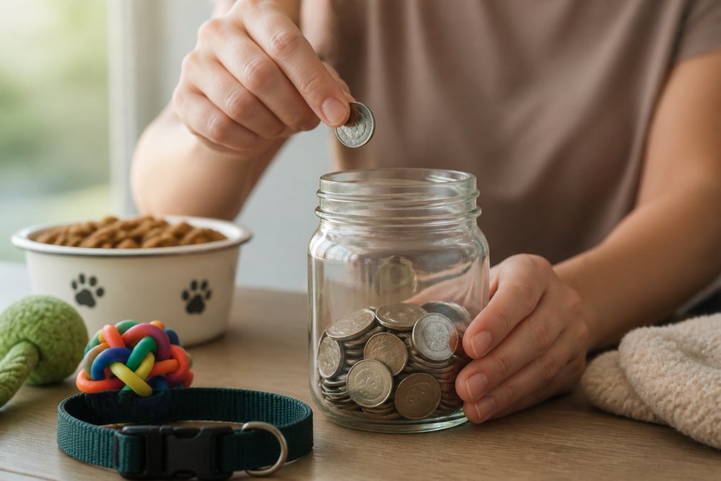 Close-up of hands placing coins into a clear glass jar labeled "Pet Emergency Fund," with pet supplies including a collar, toy, and food bowl visible in soft background lighting