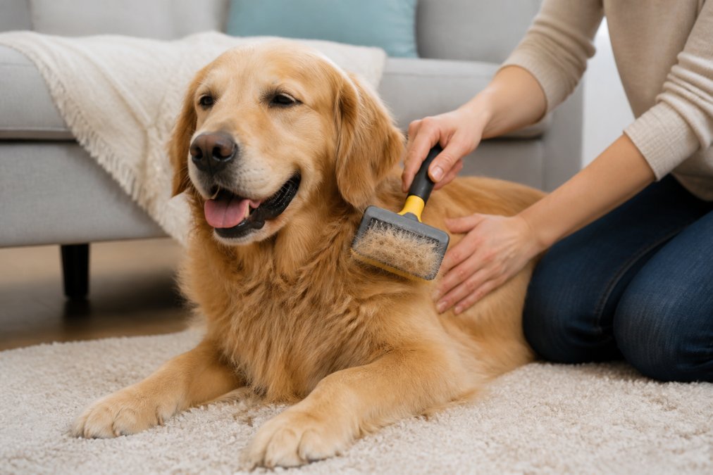 Pet owner using a deshedding brush to groom a relaxed golden retriever on a rug to manage pet hair