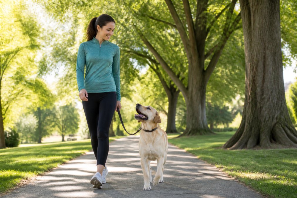 Dog and owner walking together on a sunny park path lined with trees, showing active movement and bonding during outdoor exercise