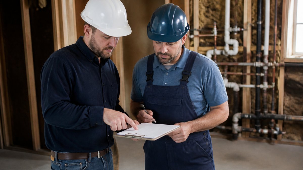 A project manager and a plumber reviewing a printed scope of work document on a clipboard at a residential job site, with exposed pipes visible in the background