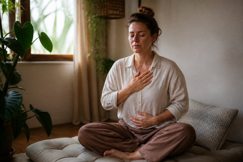 A woman practicing somatic grounding to soothe pmdd rage by resting her hands on her chest and belly.