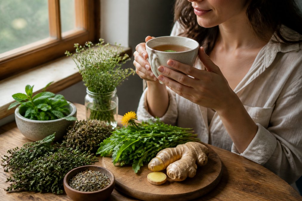 Woman holding a warm mug of herbal tea near a window, with fresh herbs, ginger root, and dandelion leaves on a wooden table in soft natural light