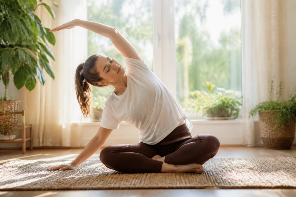 Woman in comfortable clothing practicing gentle yoga or stretching in a bright, calm home environment with plants and natural sunlight streaming through windows