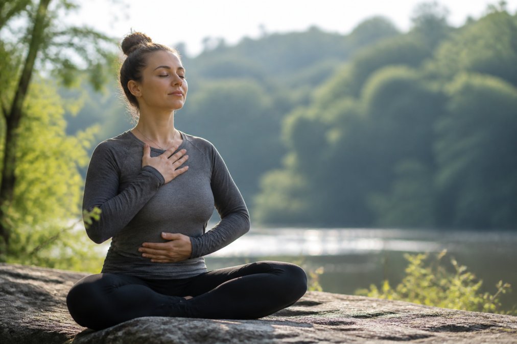 Woman sitting peacefully with eyes closed, practicing deep breathing or mindfulness in a serene natural setting with soft natural light