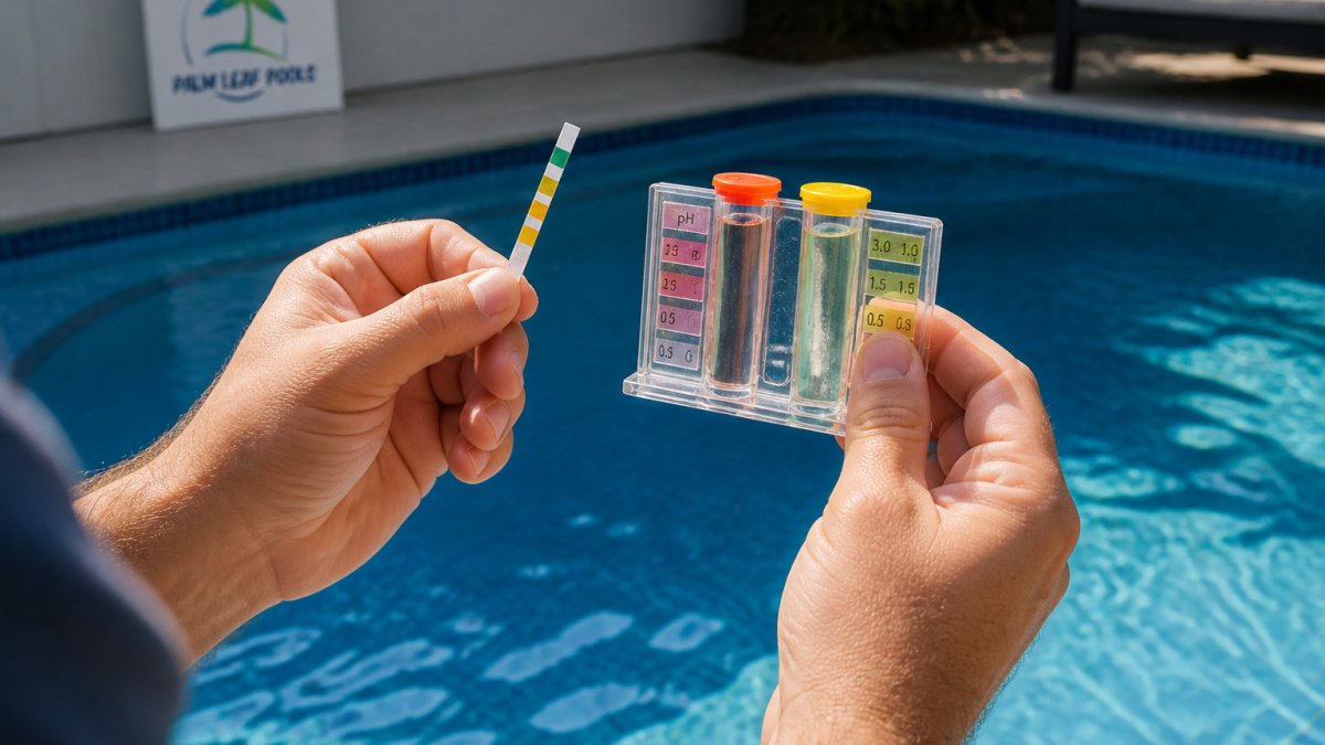Close-up of hands holding test strips and a liquid testing kit over a pool with water visible in the background, showing proper testing technique in natural daylight