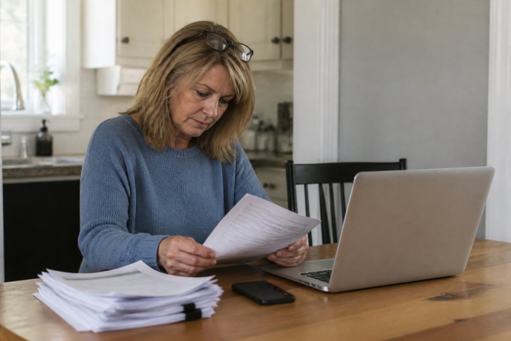 A person sitting at a kitchen table with a laptop, a stack of legal documents, and a phone, reviewing estate paperwork in a quiet home setting