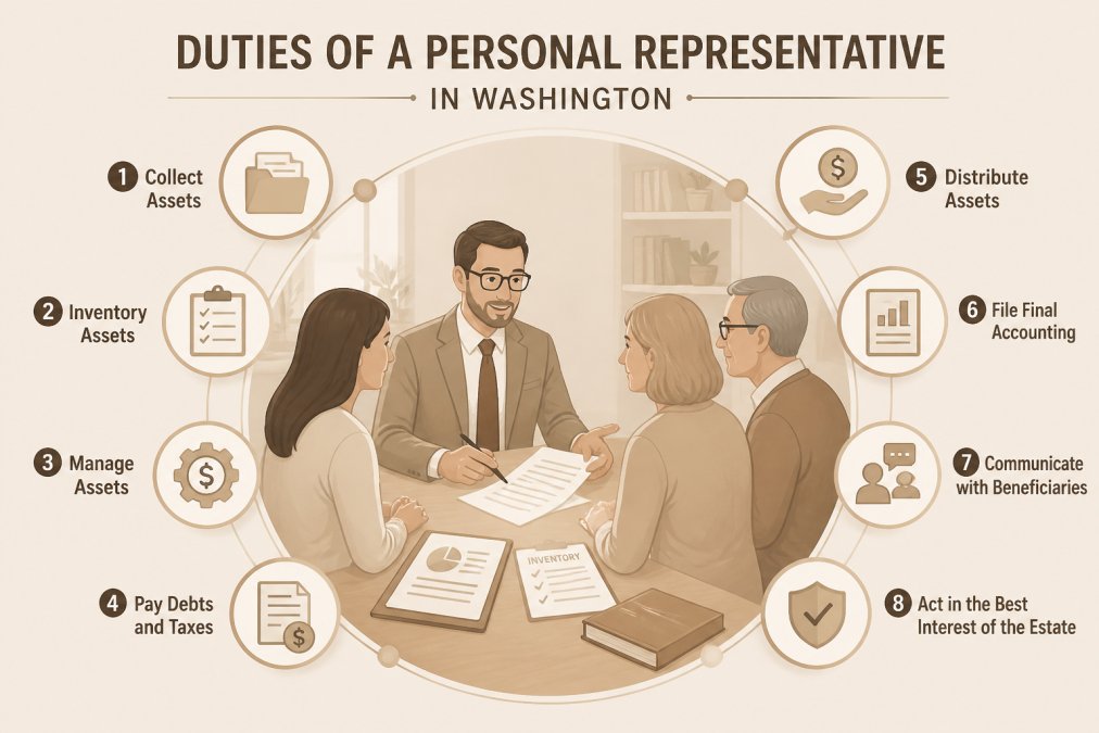 Professional advisor meeting with family members in consultation setting, discussing estate matters with documents on table, modern office lighting