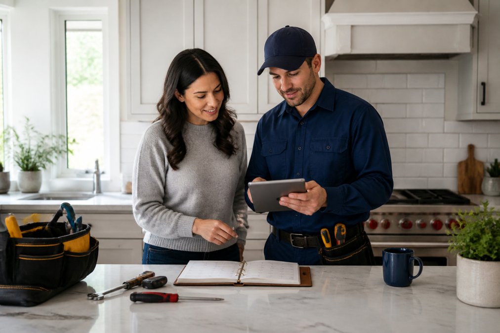 A homeowner and a uniformed technician reviewing a seasonal maintenance checklist on a tablet in a bright kitchen, with tools and a digital calendar visible on the counter