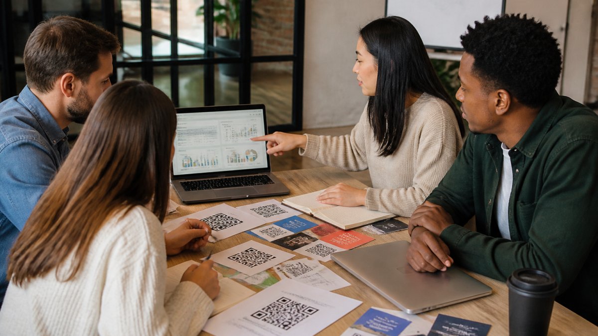 Marketing team reviewing analytics on a dashboard to manage QR code campaigns efficiently