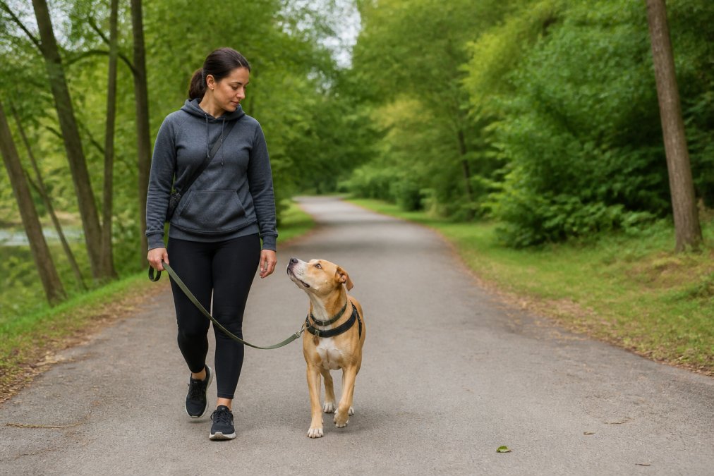 Infographic showing steps to manage reactive dog walks in a calm, low-stress environment with a focus on safety.