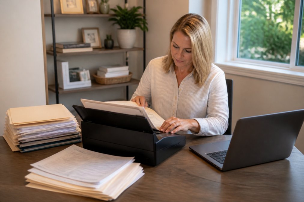 A person scanning real estate documents at a tidy home office desk, laptop open beside them with organized file folders and a stack of papers ready to be digitized, warm natural light from a nearby window