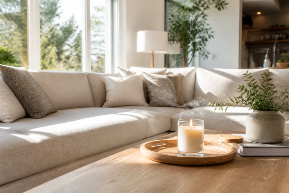 A bright, clean living room with sunlight streaming through large windows, neutral decor, and a lit candle on the coffee table emitting a subtle fresh scent