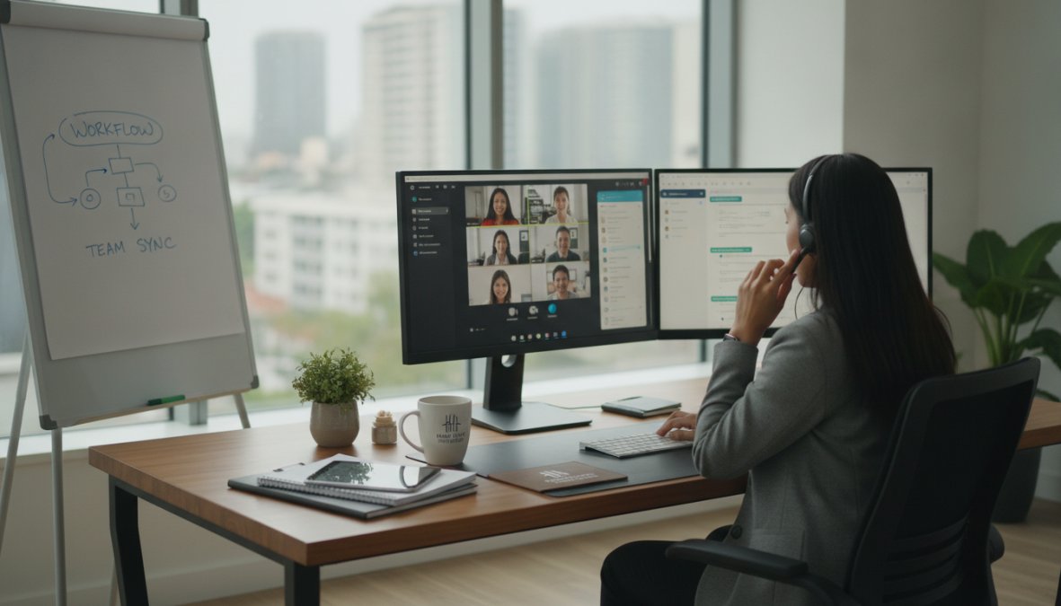 Remote dispatcher working at desk with multiple monitors displaying real-time dispatch software, headset on, focused on screen