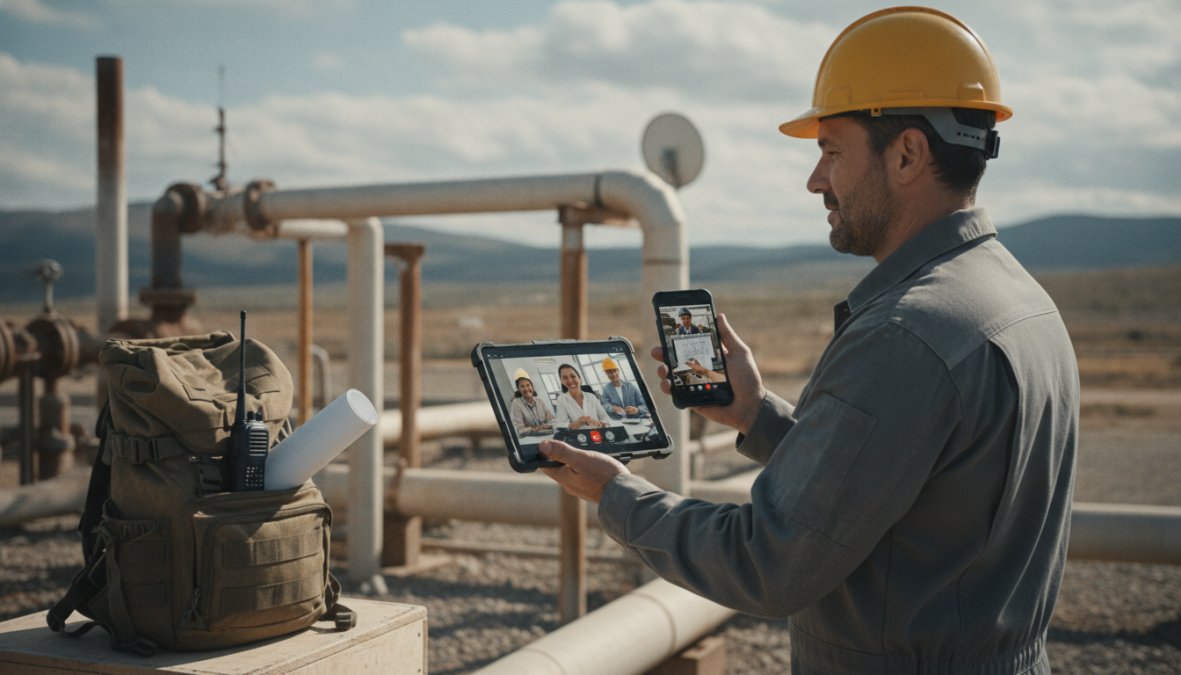 Field technician using smartphone and tablet in the field while communicating with office team via video call on a sunny residential property