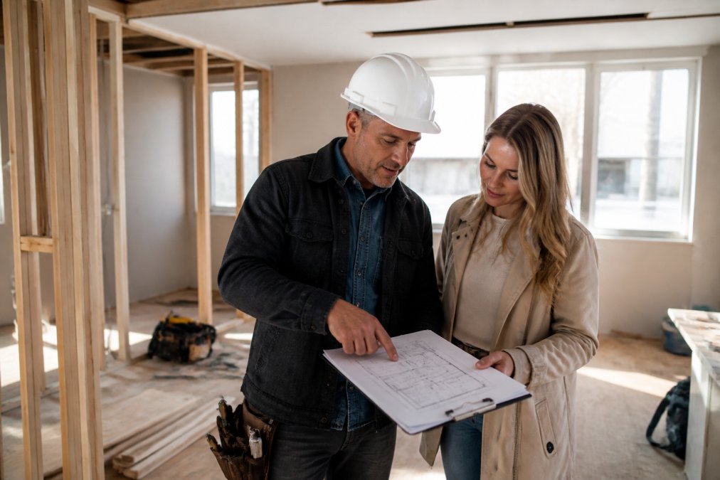 A homeowner and a contractor in a hard hat reviewing blueprints together on a clipboard at a renovation site, both engaged in a focused conversation, warm natural light coming through a window