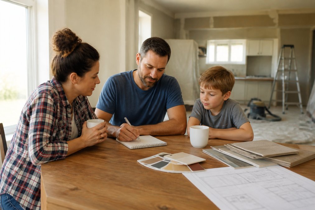 A family sitting together at a kitchen table surrounded by renovation materials and dust sheets, looking calm and organized with a notepad and coffee in front of them, soft morning light