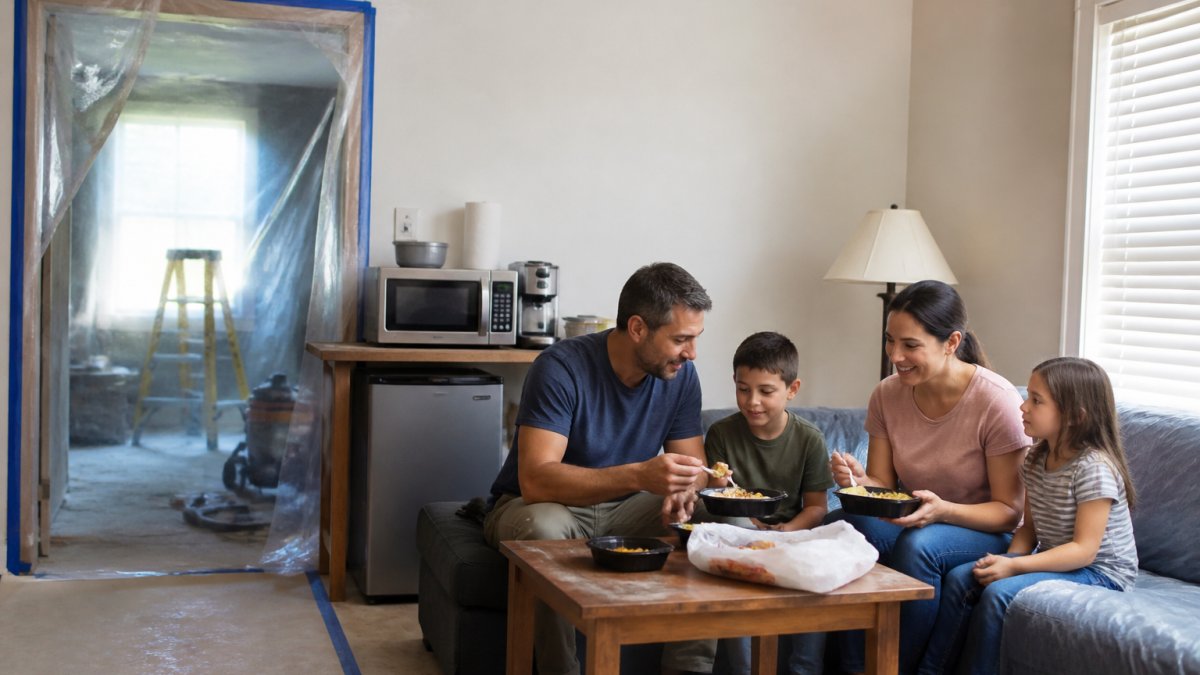 A family relaxing together in a temporary living space with a microwave and takeout containers on a small table, while a plastic dust barrier and construction tools are visible in the background doorway
