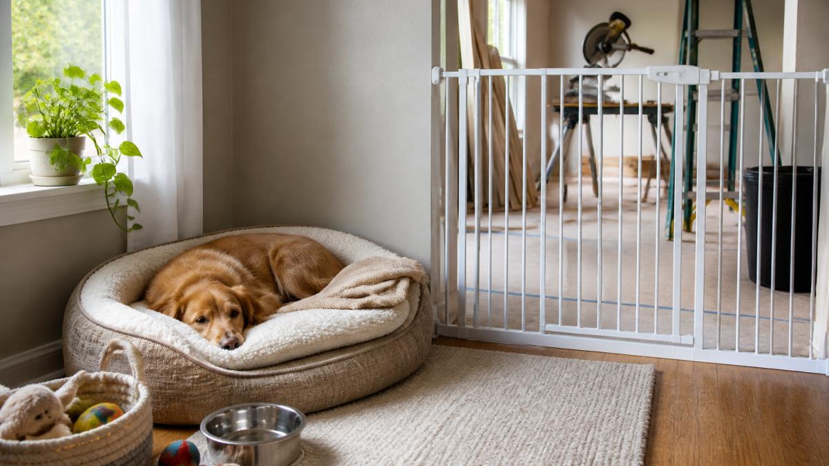 Cozy pet sanctuary in quiet corner of home featuring comfortable dog bed, water bowl, toys, and baby gate separating the space from active construction areas with soft natural lighting