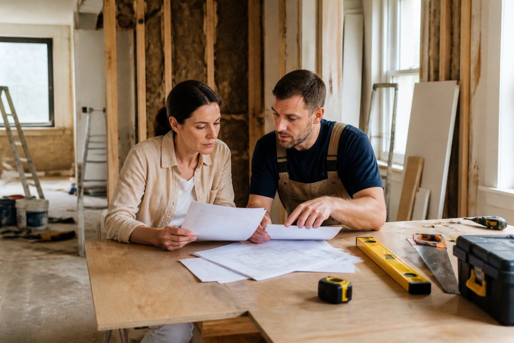 A homeowner sitting at a kitchen table reviewing written quotes and documents alongside a tradesperson in work clothes, in a partially renovated room with exposed walls and natural window light