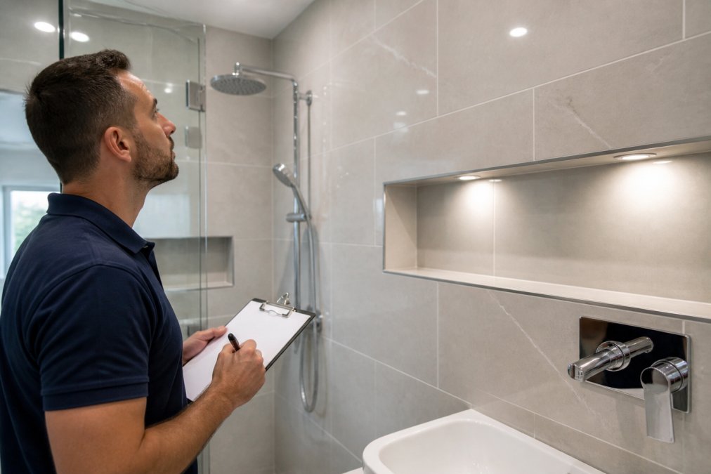 A person holding a clipboard and inspecting newly tiled bathroom walls and chrome fixtures during a renovation handover walkthrough, with bright overhead lighting illuminating the freshly completed space